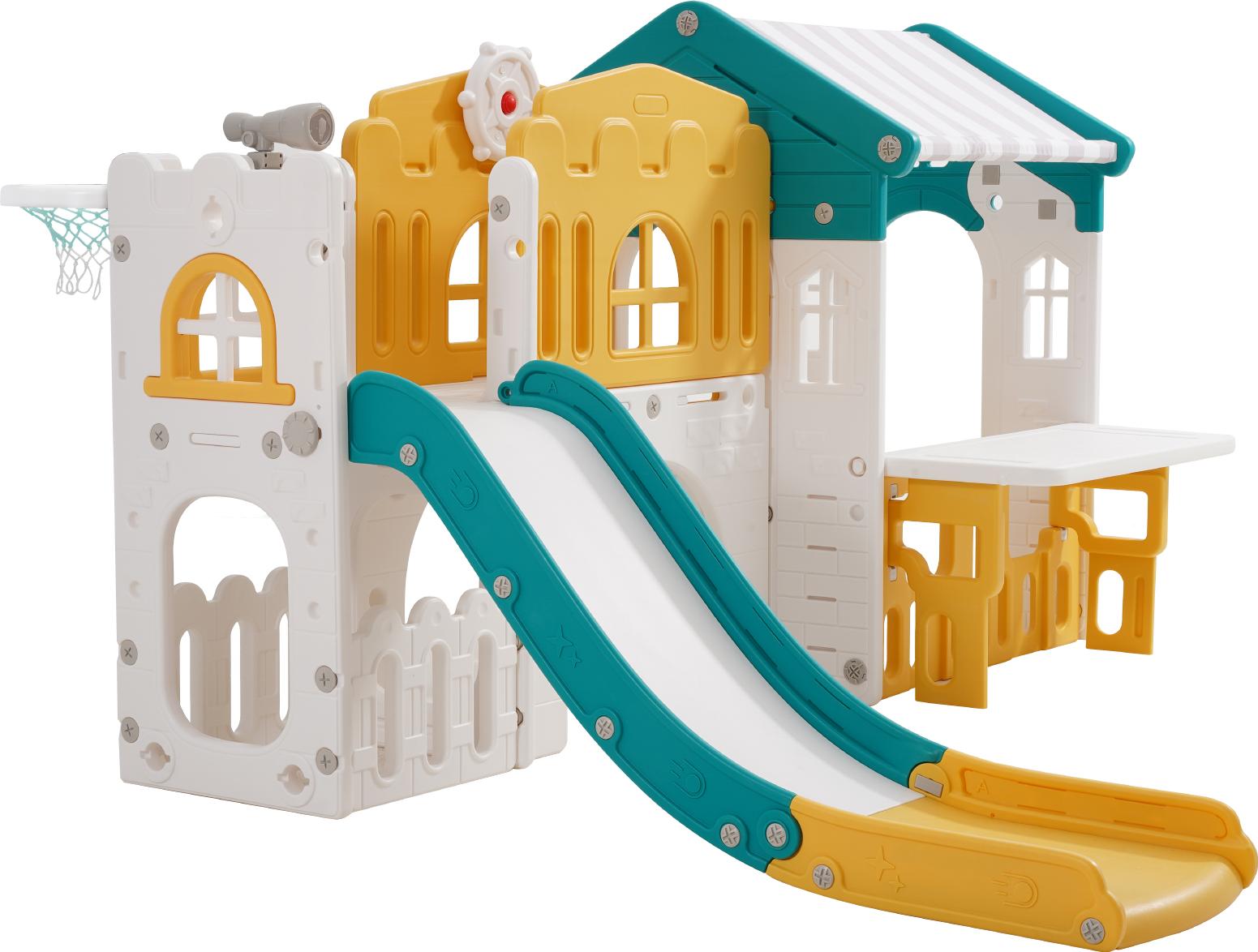 SucceBuy Outdoor Spielhaus für den Garten - Kinderhaus mit Rutsche, Basketballkorb, Teleskop, Lenkrad, Krabbeltunnel und Verkaufsfenster - Geeignet für Kleinkinder ab 1 Jahr - Hergestellt aus HDPE-Kunststoff