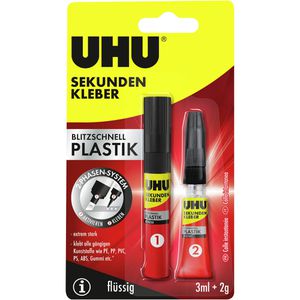 UHU Sekundenkleber 46140 blitzschnell Plastik, flüssig, extra stark mit Aktivator, wasserfest, 3g