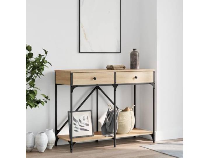 Konsolentisch Sonoma-Eiche 100x39x78,5 cm Holzwerkstoff mit Stahlrahmen 2 Schubladen, Ablage, Stahlrahmen, verstellbare Beine, Wandhalterung, Flur, Wohnzimmer