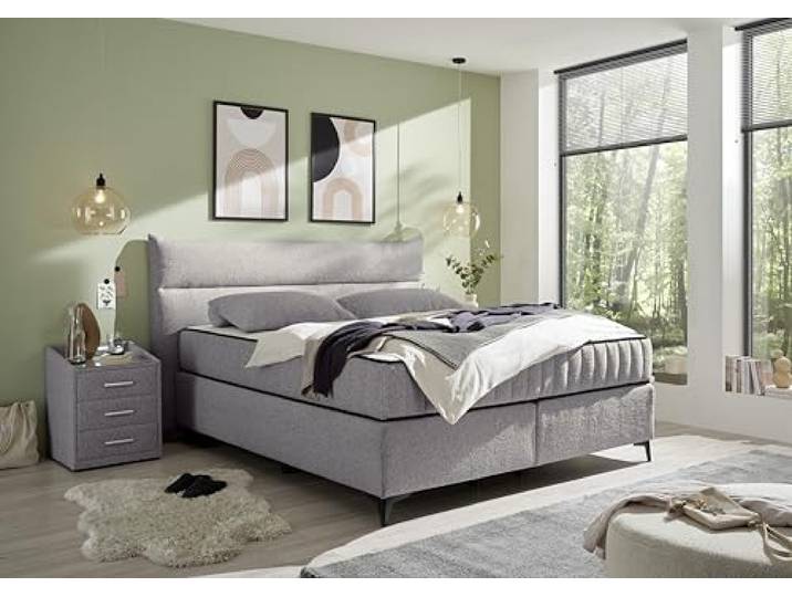 Stella Trading VLIELAND Boxspringbett 180x200 in Grau – Stilvolles Doppelbett mit 9-Zonen-Komfort, Duo-Wendematratze & hoher Liegehöhe für erholsamen Schlaf