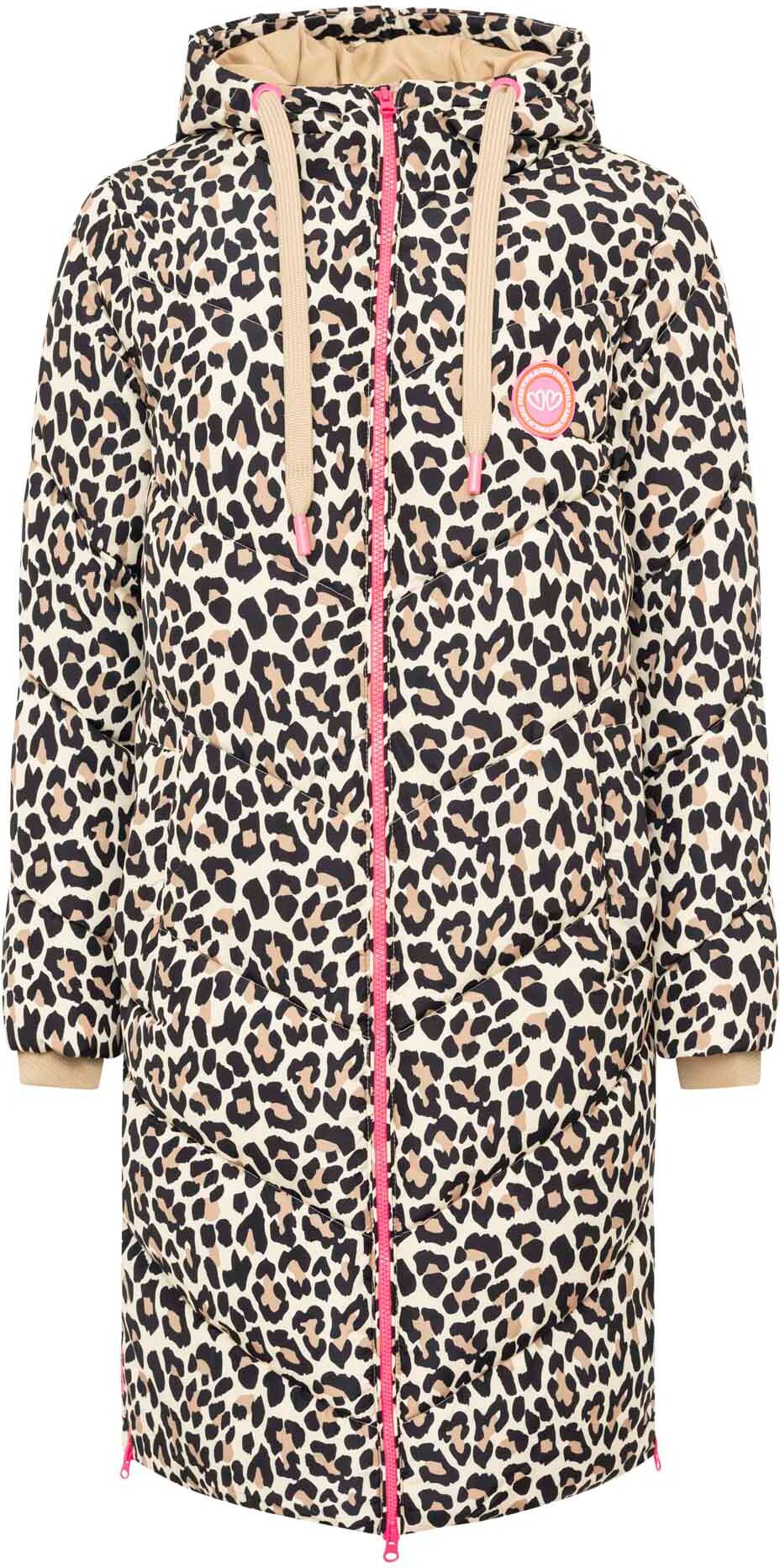 Steppmantel ZWILLINGSHERZ "Allover Leo", Damen, Gr. S, beige, Web, Obermaterial: 100% Polyester, gemustert, mehrfarbig, weit knieumspielend, ohne Ausschnitt, angesetztes Bündchen, Mäntel Steppmantel, mit pinken Zippern, Kapuze und Taschen, Leo beige S