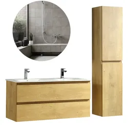 Alpenberger Badezimmermöbel Waschbecken mit Unterschrank LED Badspiegel und Hochschrank | Doppelwaschbecken mit Waschbeckenunterschrank und Badschrank