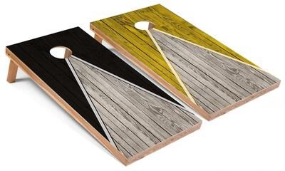 Skip's Garage Solid Wood Cornhole Boards - Black and Yellow Triangle Design