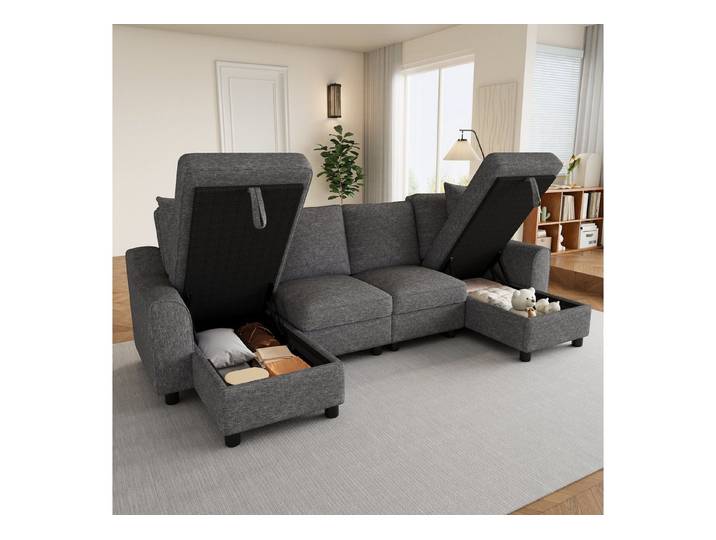 MODFU Ecksofa Modernes U-Form Chenille Sofa, mit zwei Kissen, Chaiselongues mit aufklappbarem Stauraum, multifunktionales modulares Sofa 1 Teile