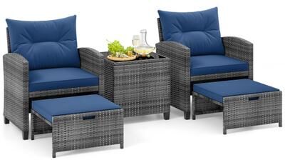 Costway 5 Piece Patio Rattan Furniture with 2 Ottomans and Tempered Glass Coffee Table-Navy
