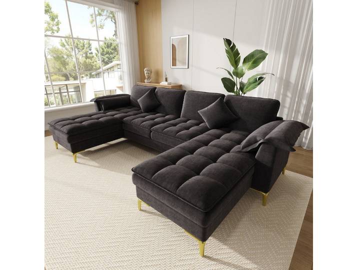 MODFU Ecksofa U-Sofa mit 2 Chaiselongues & Doppelschichtkissen, 1 Teile, Chenille, goldene Füße, 4 Sitzer