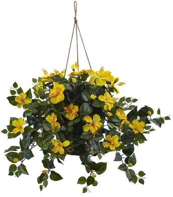 Nearly Natural Hibiscus Hanging Basket - Yellow