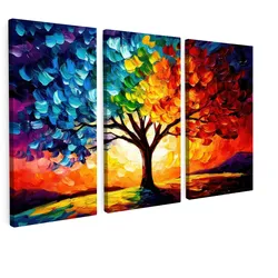 LEINWANDBILD 3er Set Baum - Farbenfroh - Malerei-Look - Abstrakt 90x60 cm