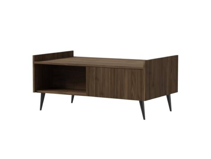 BEAUTY SOFA Couchtisch AMFALI 100 cm mit Stauraum, Wohnzimmertisch mit geriffelter MDF-Front, Push-to-Open, offenem Ablagefach und schwarzen Metallbeinen, Nussbaum
