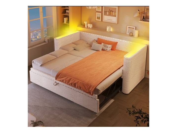 OKWISH Schlafsofa Polsterbett Funktionsbett, mit Ausziehbett, LED-Beleuchtung und Lattenrost, ohne Matratze