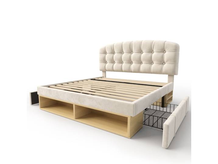 Lit double capitonné en polyester beige 140 x 200 cm