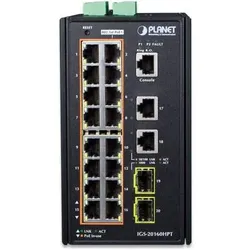 Planet Industrial 16-Port 10/100/1000T PoE Switch 2-Port Gigabit Uplink + 2-Port Gigabit SFP Uplink managed (16 Ports), Netzwerk Switch, Schwarz