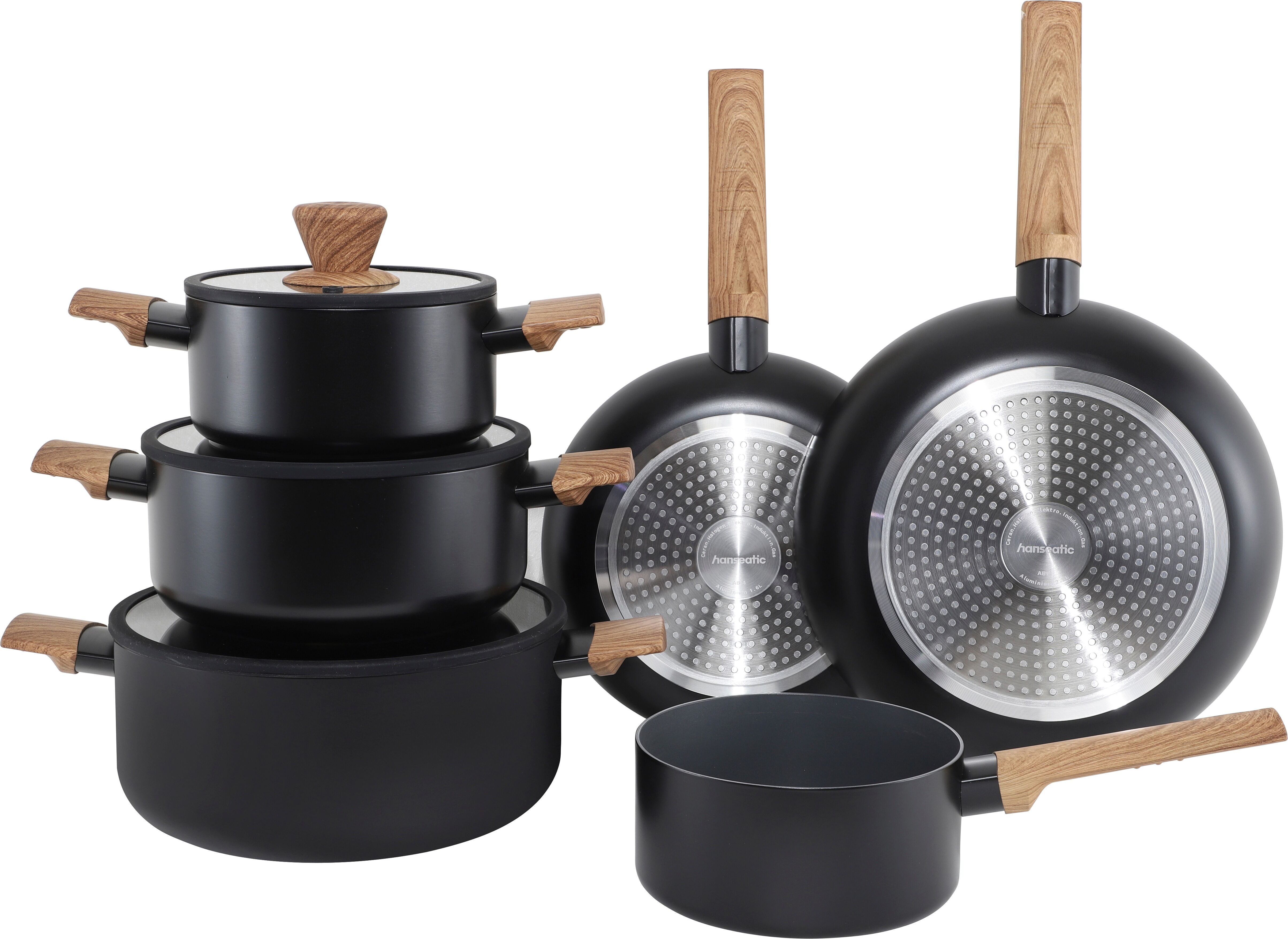 Topf-Set HANSEATIC "ALU SCANDI, mit Antihaftbeschichtung", schwarz (schwarz, natur), Töpfe, Topf-Set, für alle Herdarten geeignet schwarz, natur Einheitsgröße