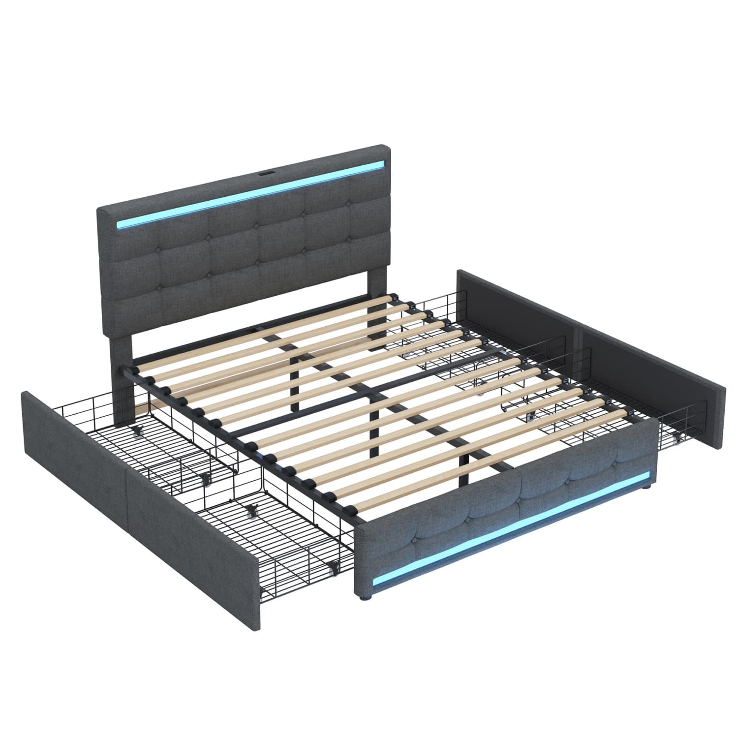 Polsterbett(140*200)LED-Polsterbett mit 4 Schubladen+2 USB-Ladestationen,Bettrahmen mit LED-Kopfteil-Fußteil,gepolstertes Plattformbett mit Stauraum
