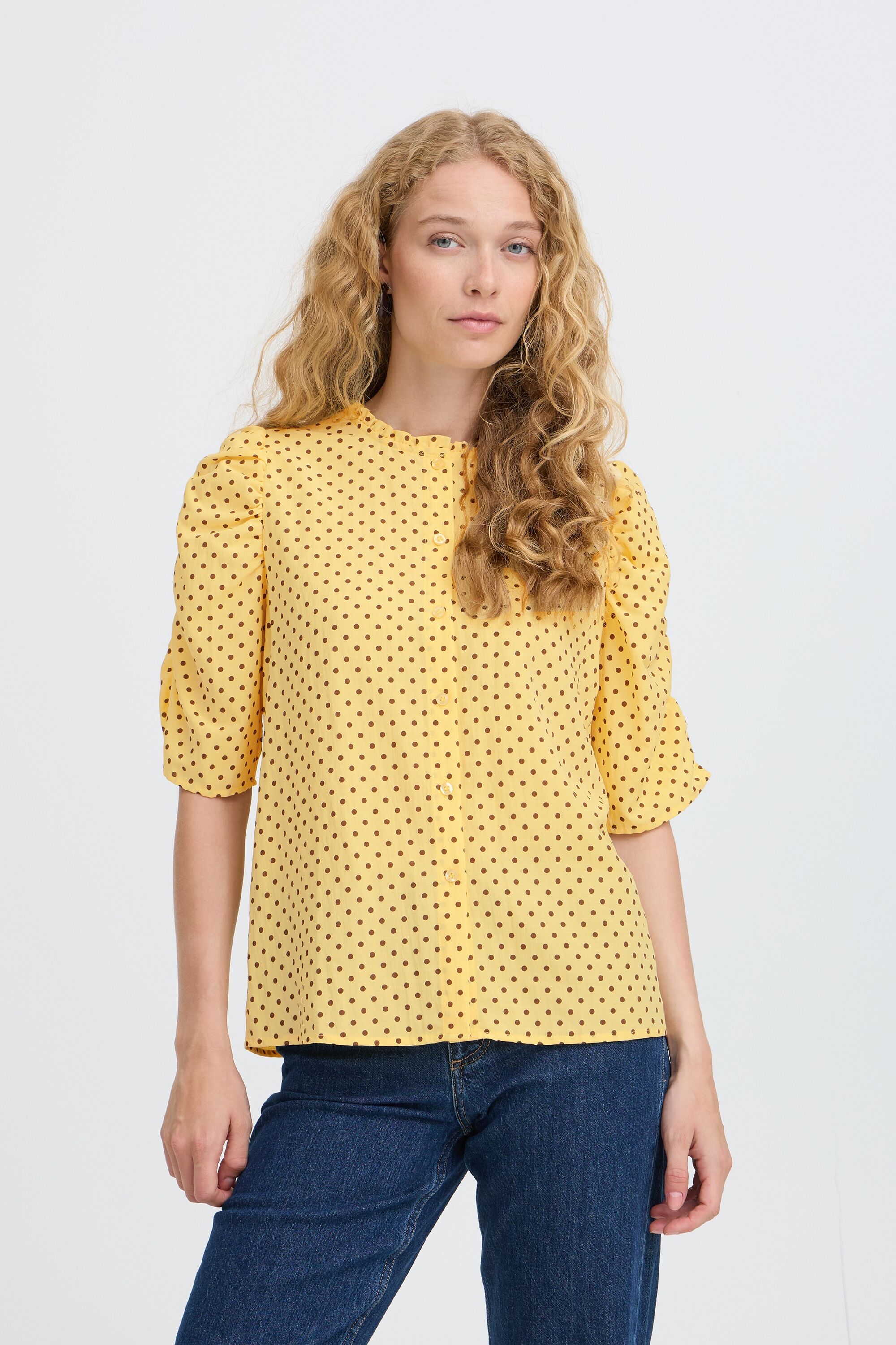 Blusentop B.YOUNG "Damen Halblange Ärmel BYXHAZE", Damen, Gr. 38, gelb (flan, java dot), Obermaterial: 45% Viskose CV. 43% Polyester PES. 12% Polyamid PA., Blusen Blusentop