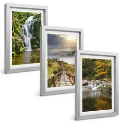 BILDER SET 3er Set - 20x30 cm Silberner Rahmen - Wasserfälle, Berge, Wolken, Herbst