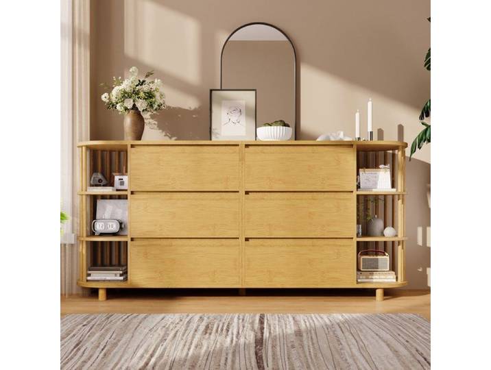 Buffet Meuble de Rangement Salon Cuisine 6 Tiroirs Étagères Bambou Style Romain 160x40x75 cm COZHYESS - Chêne