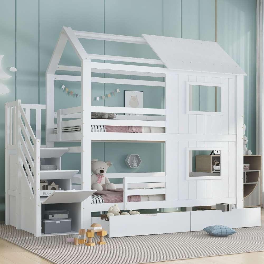 Kinderetagenbett mit integriertem Treppenschrank und Rollschublade, inkl. Dach und Fenster, robustes Lattenrost, Kiefer+MDF+Sperrholz, weiß, 90x200 cm