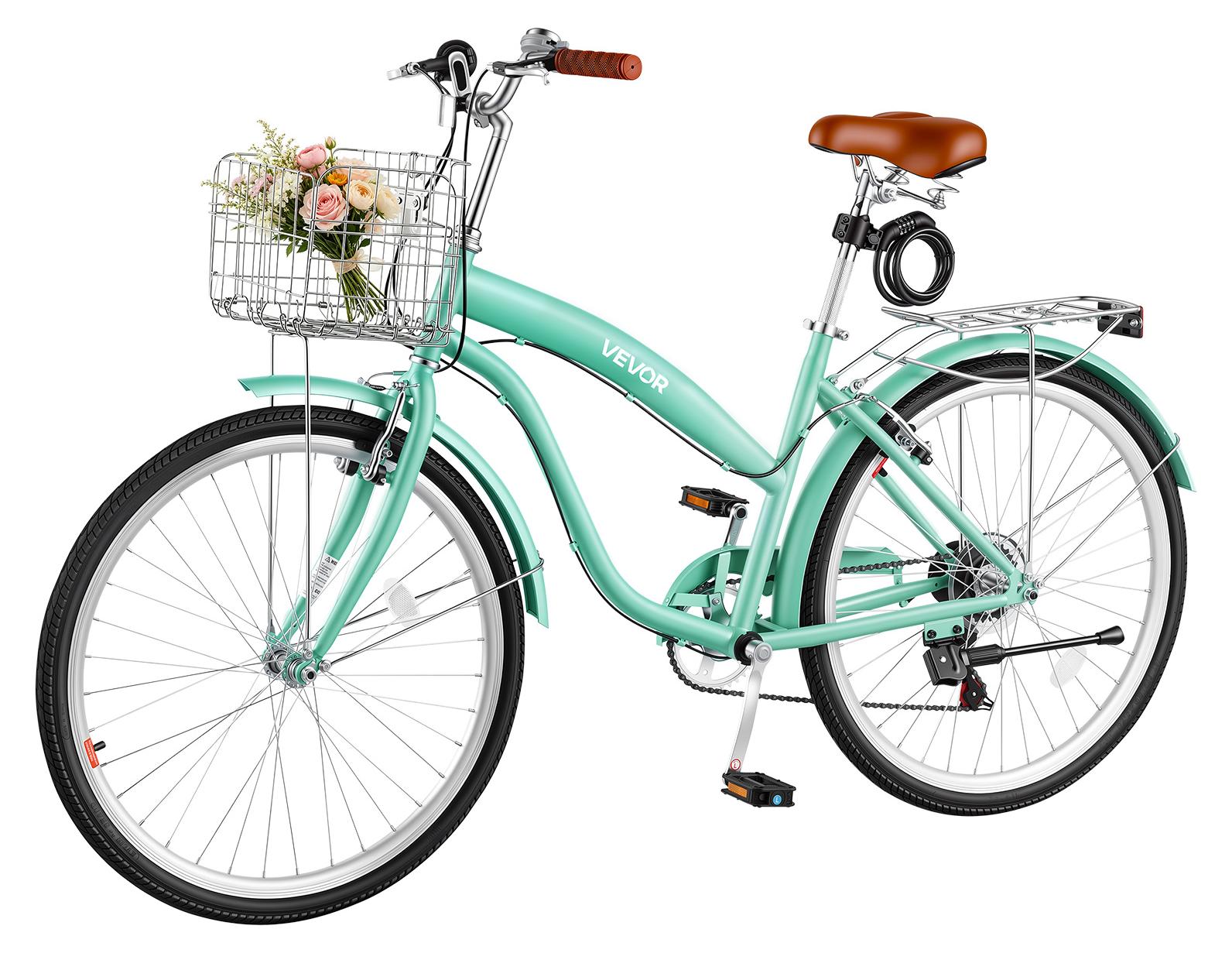 VEVOR Damenfahrrad 26 Zoll Cruiser-Fahrrad 150 kg 7-Gang Citybike Hellgrün, für Pendelfahrten Besorgungen und Strandfahrten, mit verstellbarem PolyurethanSattel, V-Bremsen, 50-kg-Gepäckträger und Werkzeugsatz