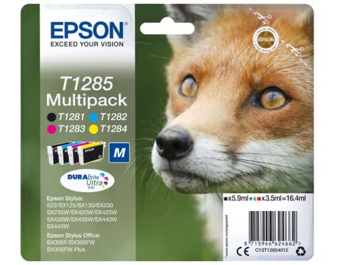 Epson Multipack T1285 Renard\, Cartouches d'encre d'origine\, 4 couleurs: Noir\, Cyan\, Magenta\, Jaune\, S22 SX125 SX130 SX230 SX235W SX420W SX425W SX430W SX435W SX440W SX445W BX305F BX305FW BX310FN