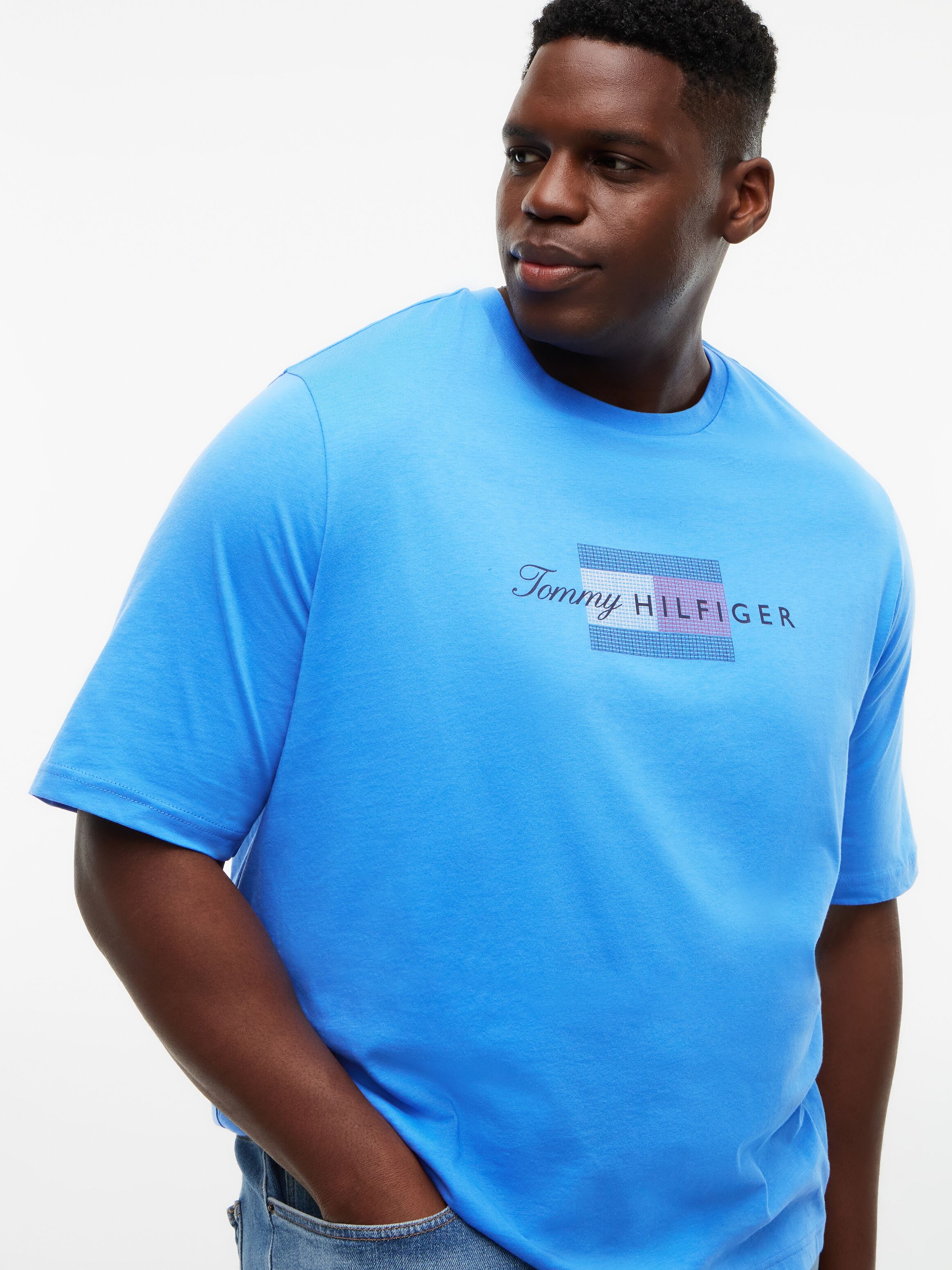 T-Shirt, Herren, Gr. 3XL, blau (blau spell), Jersey, Obermaterial: 100% Baumwolle, TOMMY HILFIGER BIG & TALL, normal normal, Rundhals, Shirts T-Shirt, aus Jersey mit Flag-Grafik, Grosse Grössen blau spell 3XL