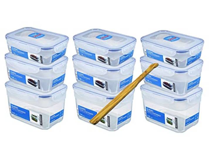 Lock&Lock Frischhaltedosen-Set 9-teilig gleiche Deckel (3X 1,2L-Box, 3X 1,8L-Box, 3X 2,4L-Box) stapelbar, leer ineinander schachtelbar und SeleXions Multifunktion Olivenholz Spachtel