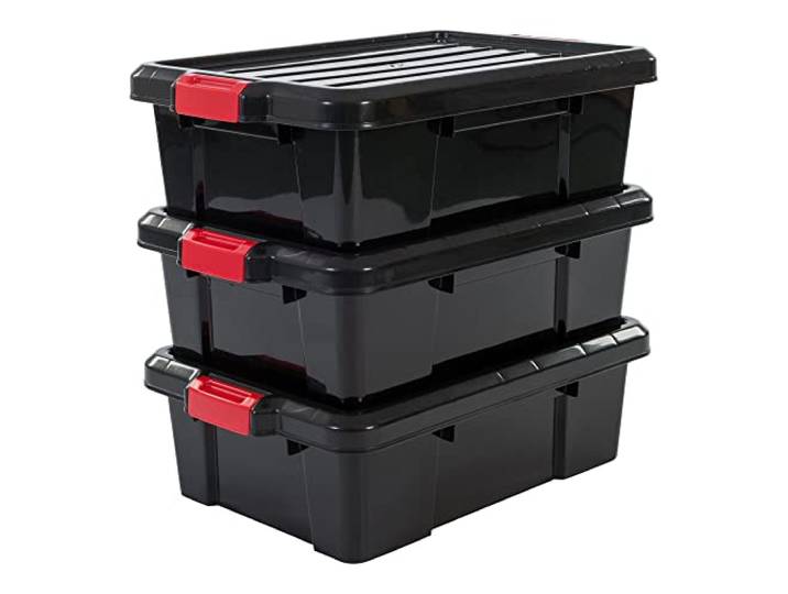 Iris Ohyama\, Boîtes de rangement plastique avec couvercle et fermeture à Clips\, 25L\, Lot de 3\, Empilables\, Emboîtable\, Sans BPA\, Grenier\, Cabanon\, Garage\, Garage\, SK-230\, Noir