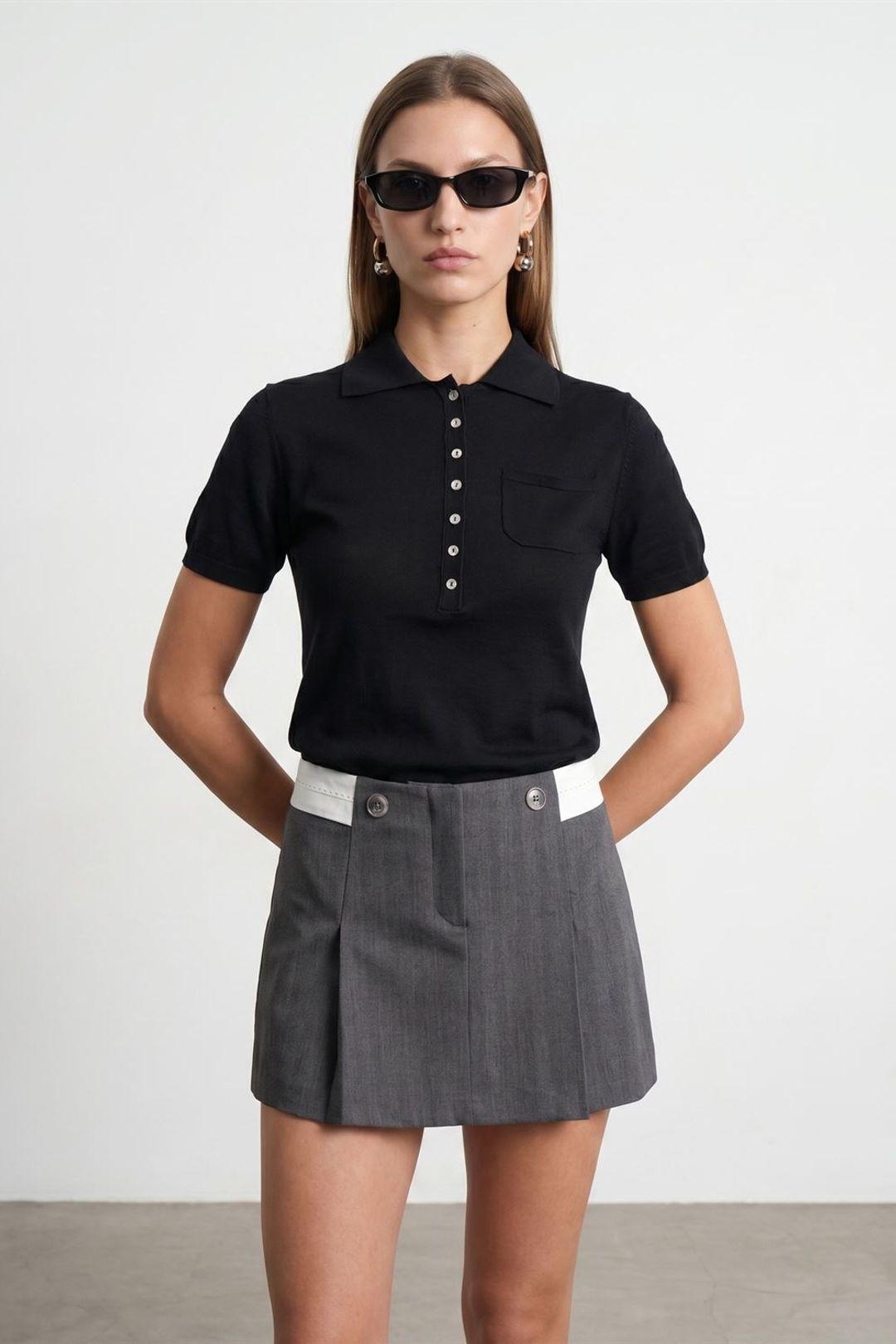 Slim Fit Polo-Kragen Strickbluse