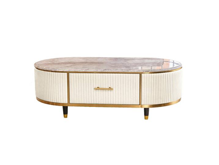Kawola Couchtisch Maria Weiß Marmor, Kunstleder, Metall, Oval, 130x45x70 cm, Wohnzimmer, Wohnzimmertische, Couchtische