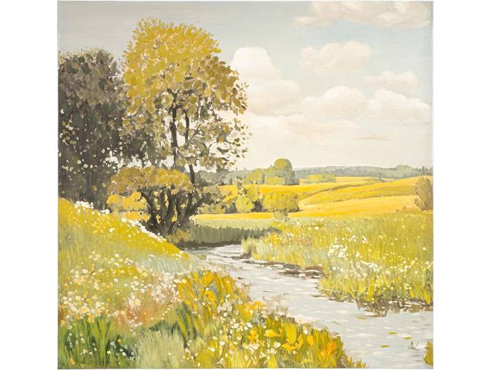 Leinwandbild GILDE Bild quadratisch Quiet stream grün , gelb (farbe bild(er): grün), B:80cm H:80cm T:2,5cm, Poly-Leinwand, Bilder, Leinwandbild, Landschaftsbild Bachlauf Naturidylle Ruhemotiv Wasserlandschaft