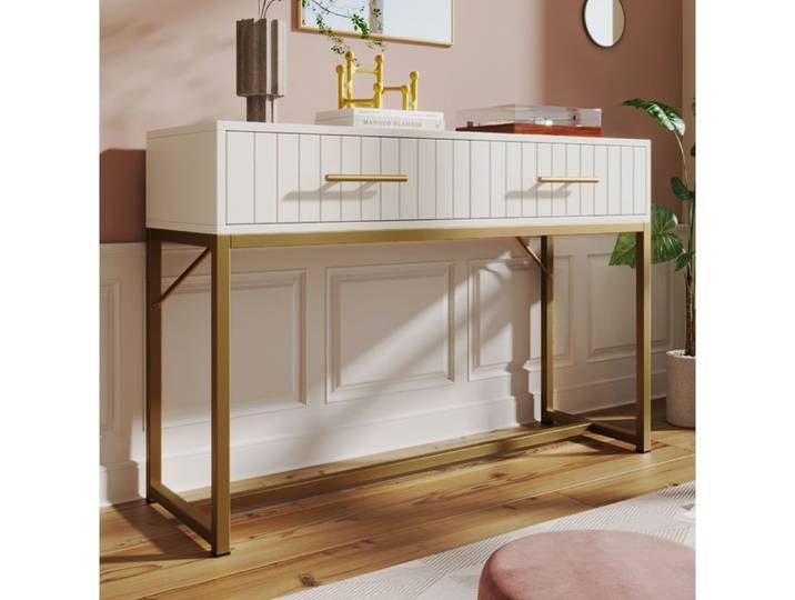 HOMVRA Coiffeuse 100x45x75 cm avec 2 tiroirs piètement en métal en panneau de particules blanc