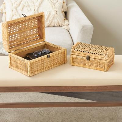 ARCILLA ELEMENTAL Brown Rattan Handmade Woven Storage Decorative Box with Curved Tops and Wrapped Edges (Set of 2)