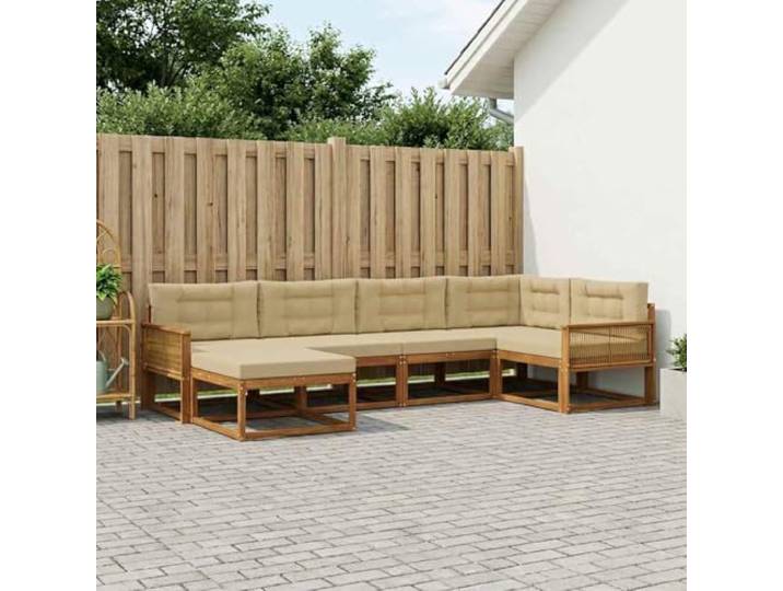 HFMDRMU Modulares Outdoor-Sofaset aus massivem Akazienholz mit Lattenrahmen, 6-teilig, in Natur und Beige, für Garten und Terrasse