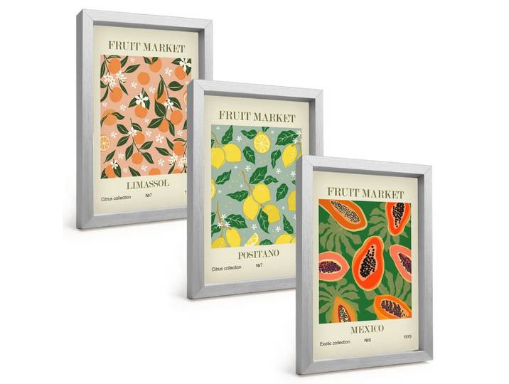 BILDER SET 3er Set - 20x30 cm Silberner Rahmen - Zitrusfrüchte, tropischer Retro-Stil