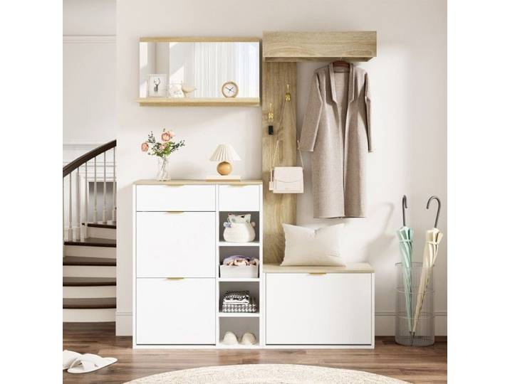 Ensemble porte-manteau d'entrée 4 pièces armoire chaussures banc miroir mural meuble rangement nature blanc 130x30x174cm