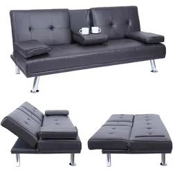3er-Sofa MCW-F60, Couch Schlafsofa Gästebett, Tassenhalter verstellbar 97x166cm ~ Kunstleder, braun