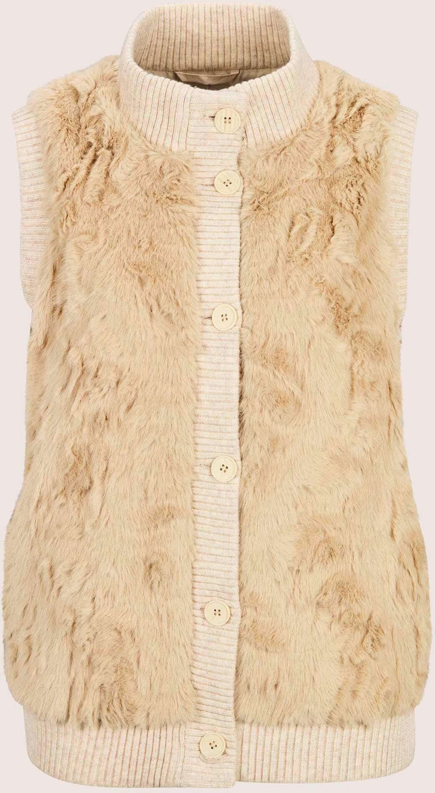 Kurzweste MADELEINE "Weste Webpelz-Weste mit Stehkragen", Damen, Gr. 40, beige, melange, Modern, regular fit, hoch geschlossener Ausschnitt, Westen Kurzweste