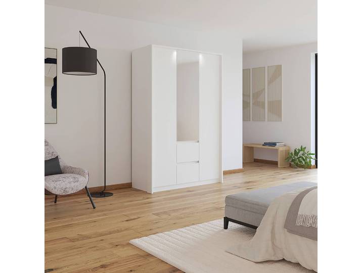 Drehtürenschrank mit Passepartout 141cm mit Beleuchtung Weiß/Alpinweiß mit Spiegeltür/-en
