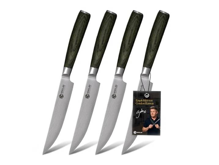 HexClad Steakmesser Set 4-teilig – Fleischmesser aus Damaststahl 67-lagiger Damaststahl, 12,7 cm Klingen, Pakkaholzgriffe, Erl aus Edelstahl, scharfes Steakmesser Set