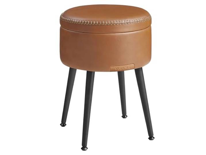VASAGLE Sitzhocker mit Stauraum, Rund, Kunstleder Schminkhocker, 38,2 x 38,2 x 44,4 cm, 150 kg, als Beistelltisch, Karamellbraun und Tintenschwarz, EKHO Kollektion, LOM005K01