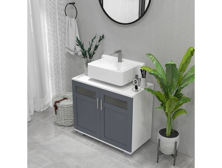 Meuble sous évier Kleankin avec 2 portes vitrées 69X35X59Cm blanc