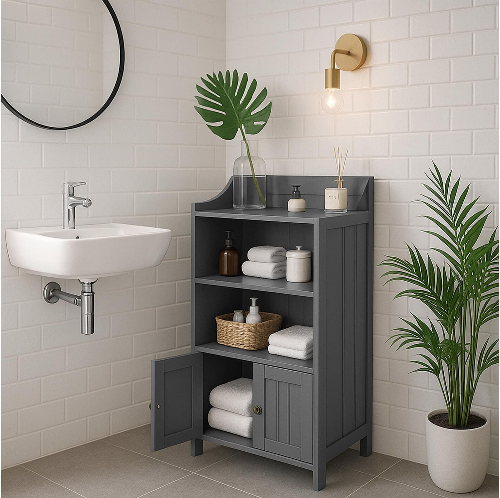 Badregal RELAXDAYS "40.5 x 86 cm", grau, B:40,5cm H:86cm T:36cm, MDF, Metall, Regale, Badregal, Schmaler Badezimmerschrank mit Ablagen und Türfach grau B/H/T: 40,5cm x 86cm x 36cm