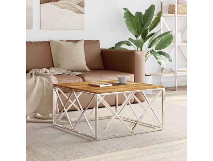 HEFZGDB Couchtisch Silbern Edelstahl und Massivholz Akazie mit Stabiler Tischplatte und pflegeleichter Oberfläche, modernes Design für Wohnzimmer, robuster Akzenttisch.