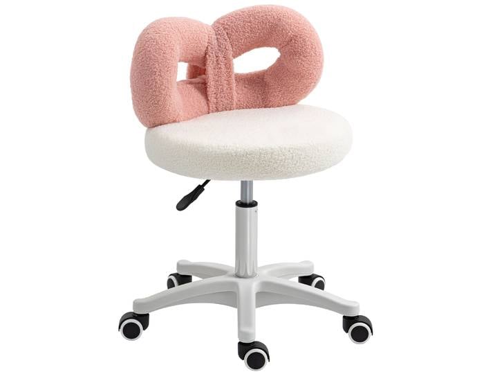 HOMCOM Taburée con Ruedas Respaldo Altura Réglable 63-77 cm Tapizado en Tejido de Borreguito Blanco y Rosa