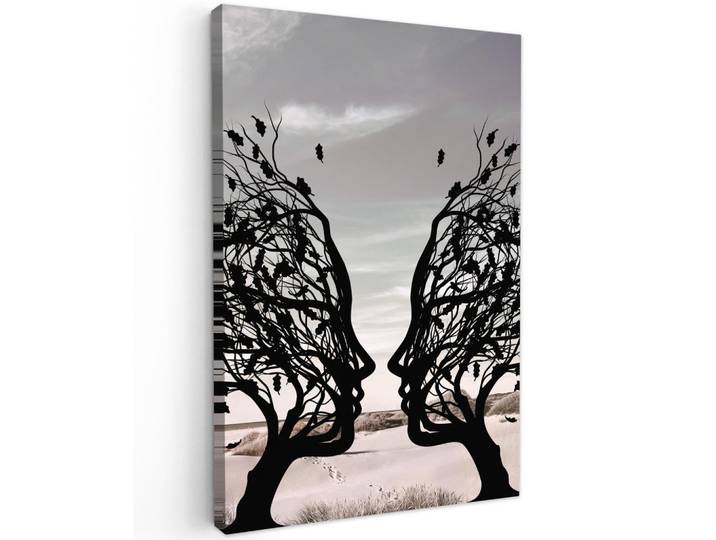 MuchoWow Leinwandbild - Strand - Meer - Menschen - Baum - Moderne Kunst - 60x90 - Kunstdruck, Hellgrau, Textil, Kiefer, Abstrakt, Rechteckig, 60x90 cm, gerahmt, Bilder & Rahmen, Bilder, Wandbilder