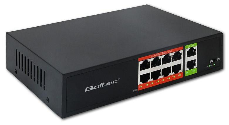 Qoltec Fast Ethernet PoE Netwerkswitch met 8x RJ45 en 2x RJ45 uplink, 120W, 10/100Mb/s