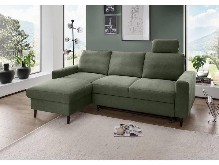 Ecksofa mit Schlaffunktion Grün Webstoff Jimin 234 x 88 x 147cm Longchair davorstehend links mit Schlaffunktion Modern