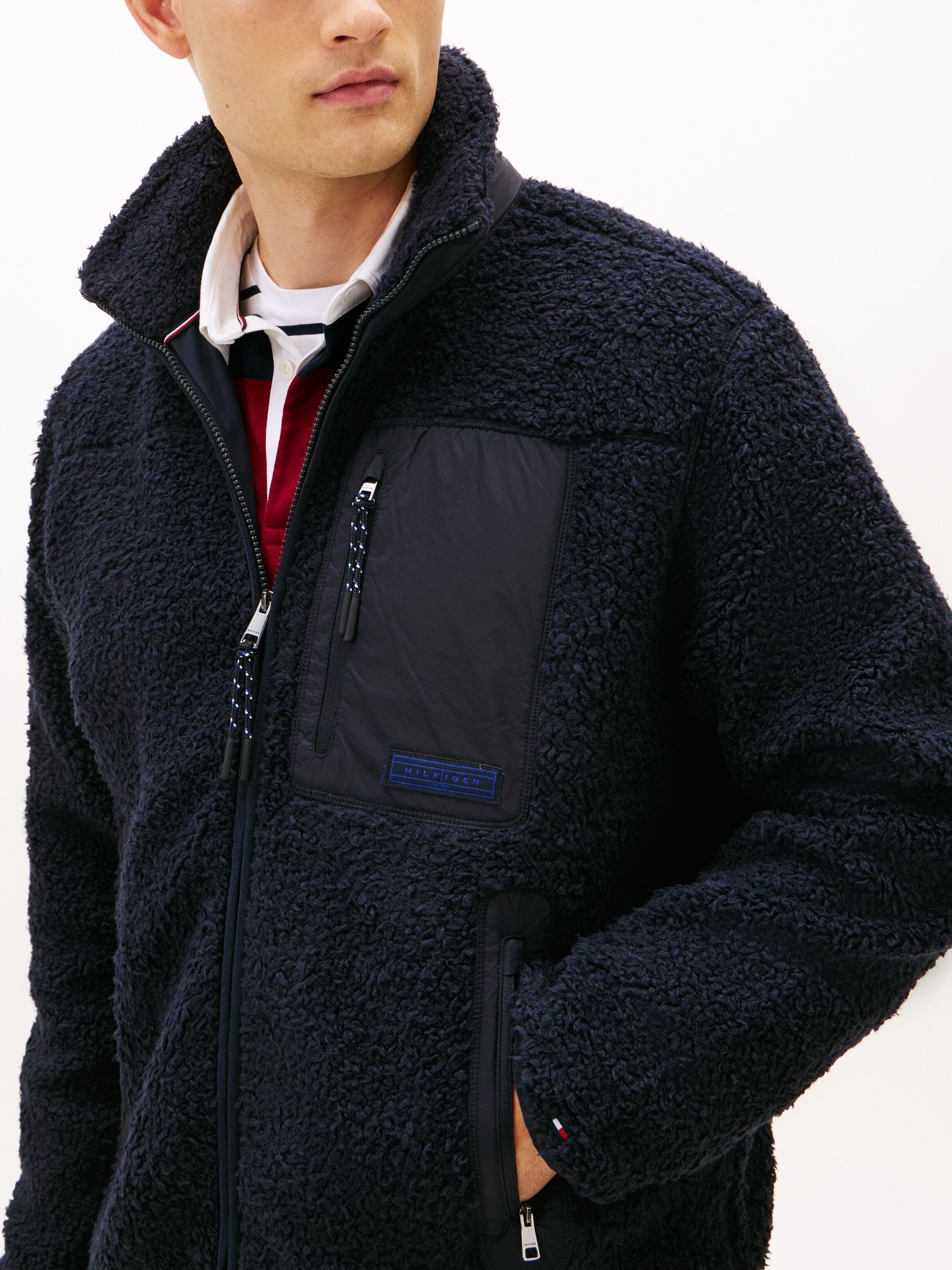 Sweatjacke TOMMY HILFIGER "TEDDY FLEECE ZIP THROUGH", Herren, Gr. XL, schwarz (desert sky), Fleece, Obermaterial: 62% Polyester, 38% Polyacryl. Futter: 100% Polyester, regular fit normal, Rundhals, eingesetzt gerader Abschluss, Sweatjacken Sweatjacke, Übe