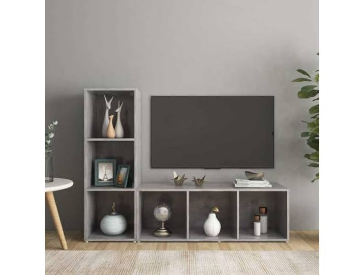 HEFZGDB TV-Schrank 2 Stück Betongrau 107x35x37 cm Holzwerkstoff mit 3 Fächern, viel Stauraum für Multimedia-Geräte, horizontal oder vertikal aufstellbar, praktisches Design für Ihr