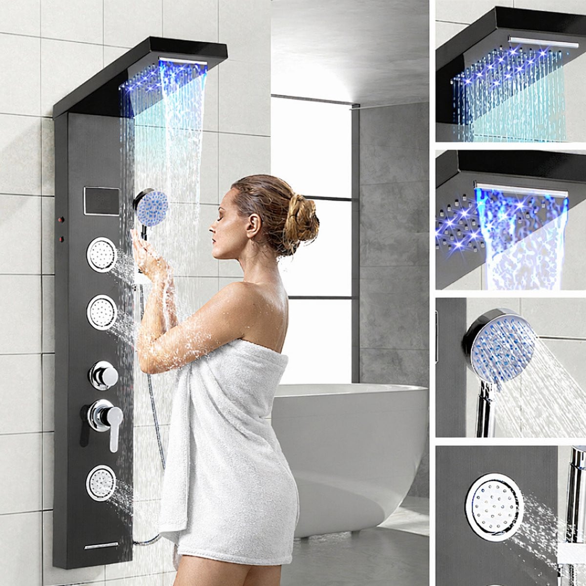 Modern Douchepaneel in Mat Zwart met Regendouche, Massagejets, Waterval en Thermostaatkraan met LCD-display en Handdouche